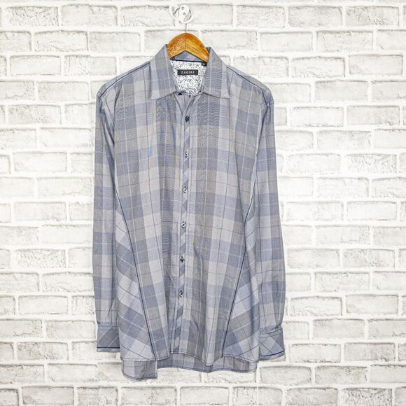ZAGIRI  Button up Shirt Gray Plaid Check flip cuff Size XL - Picture 1 of 7